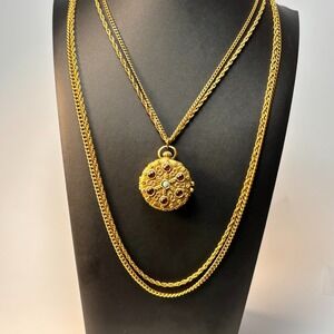 Vintage Gold Tone Necklace Pill Box Perfume Pendant Unique Multi Strand